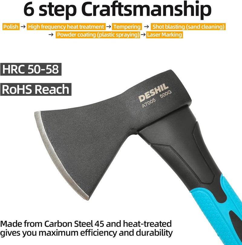 DESHIL 10” Outdoor Hatchet Forged Carbon Steel Heat Treated Hand Tool, Fiberglass Shock Reduction Handle with Anti-Slip Grip - Image 2